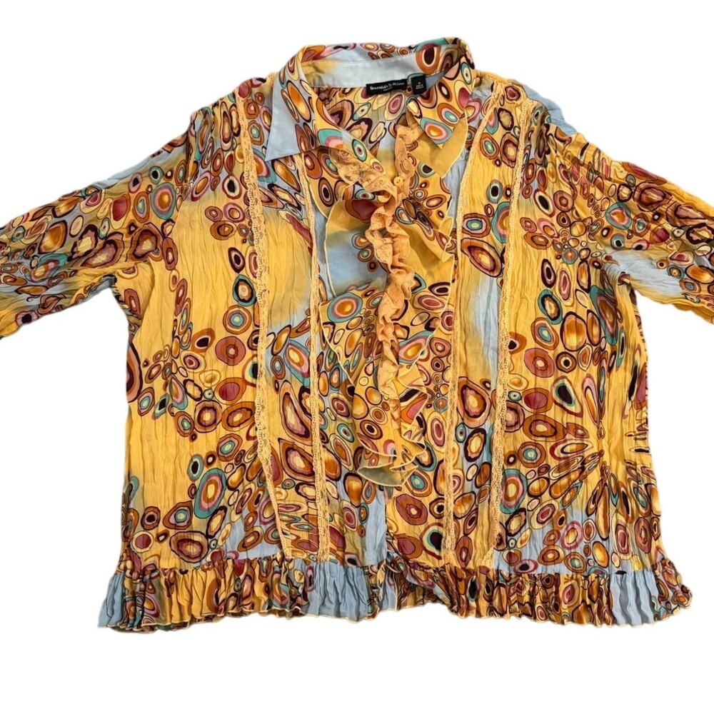 Essentials by Milano 1X Ruffle Sheer Boho Blouse Lace Trim Crinkle Top